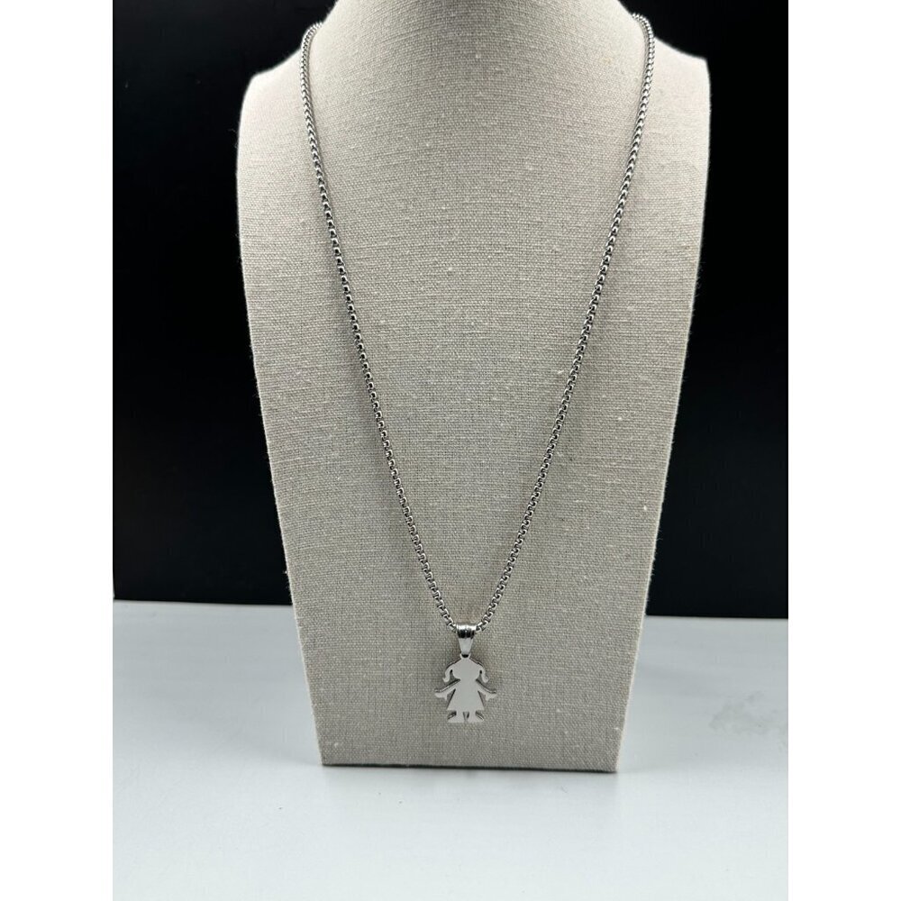 3/$30 Girl Silhouette Pendant Necklace Stainless Steel Silver Tone Long 24.5"